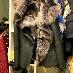 Toscano grey black lamb skin shearling jacket hood